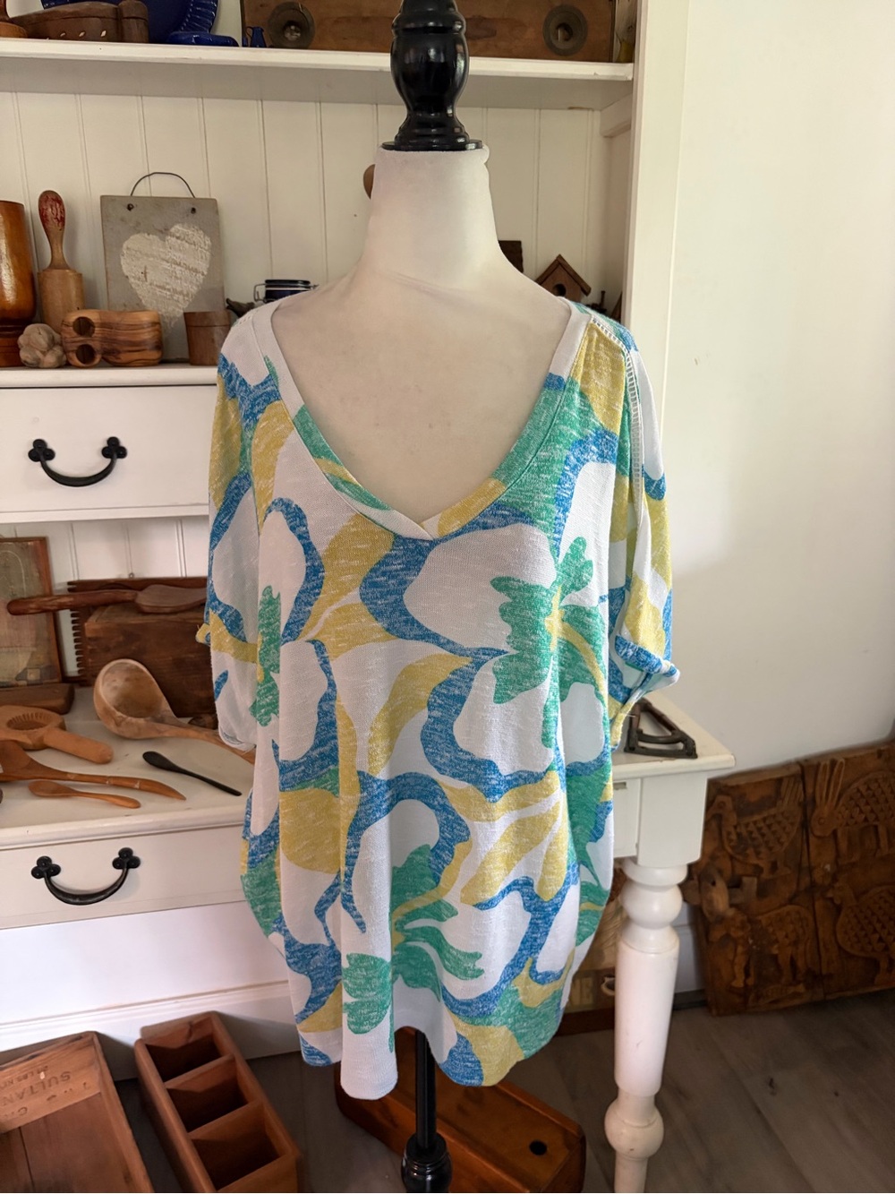 Tribal Jeans Women’s V-Neck Floral Knit Top in Blue, Green & Yellow
